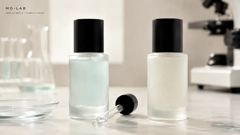 Laboratory peptide serum stability study with clear and hazy sample vials, pipette and cool-process glassware