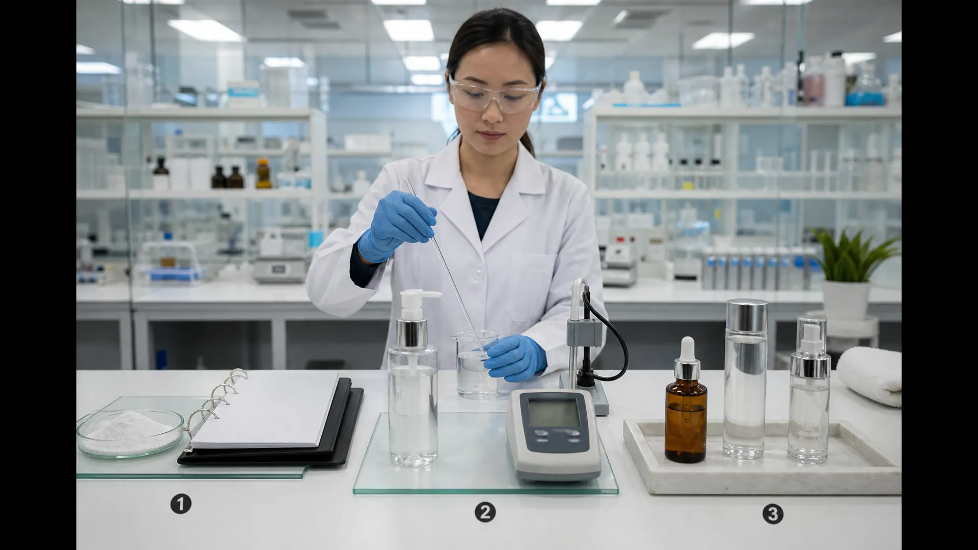 Three laboratory stations: peptide raw material and documents, a finished serum with a pH meter, and a consumer routine of separate bottles