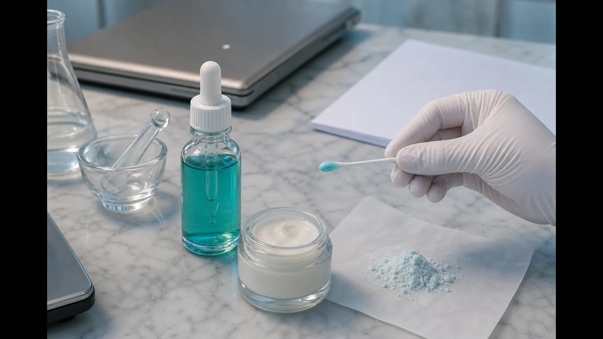 Blue-green GHK-Cu serum, cream jar and copper-tinted peptide powder on a lab bench, without needles or facial close-ups