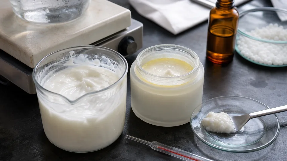 Cosmetic R&D bench comparing a glossy homogeneous cream in a beaker with a jar that has oiled off at the rim, thermometer and emulsifier pellets nearby