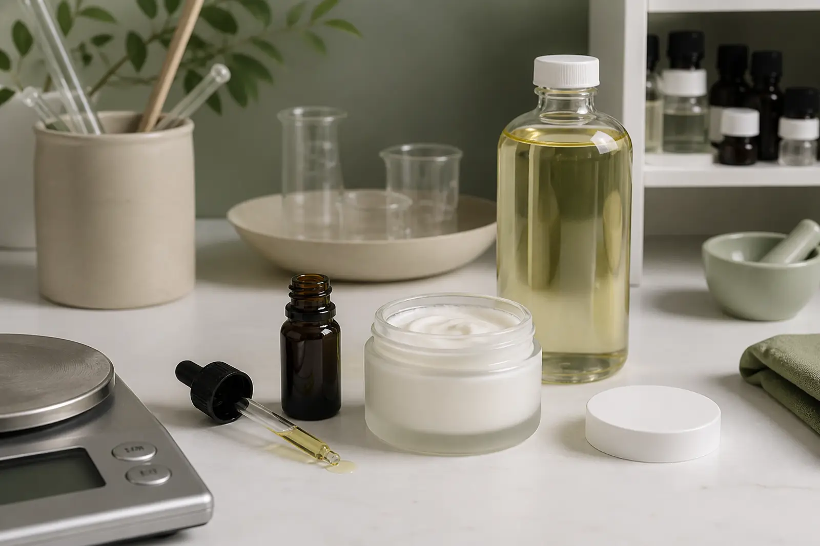 R&D bench with a small essential-oil vial beside a cream jar and a carrier-oil bottle, pipette, no readable brand text