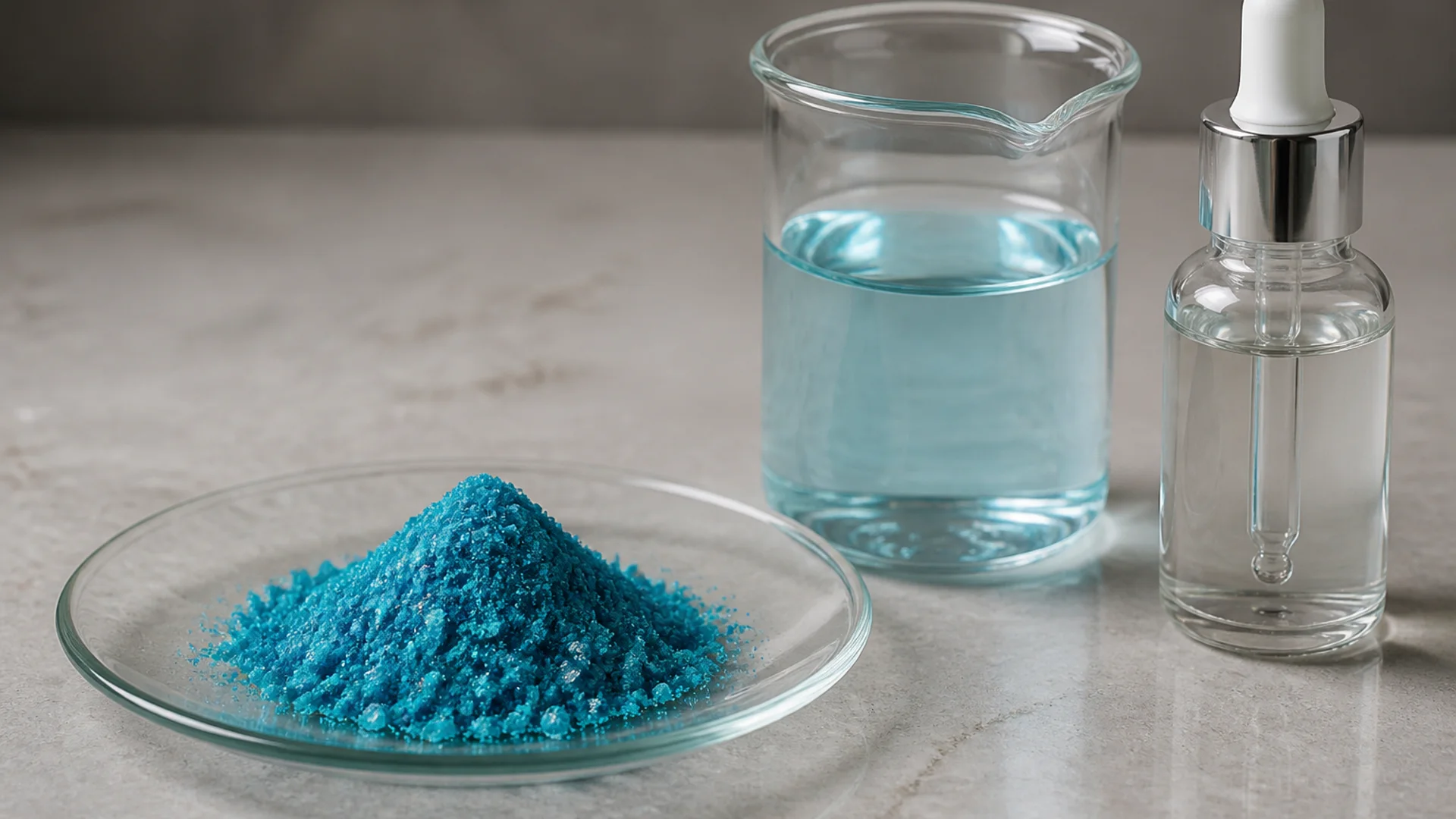 Blue-green crystalline copper-peptide powder on a watch glass beside a pale-blue beaker and a barely tinted dropper serum