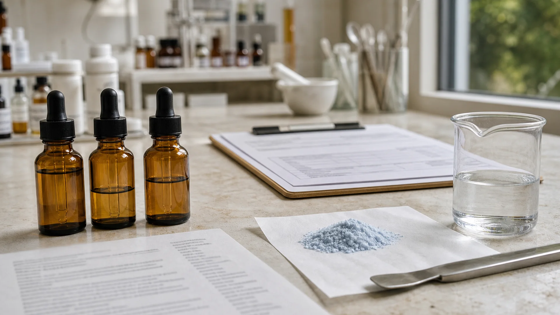 Cosmetic R&D bench with amber droppers, pale-blue peptide powder on weighing paper, a beaker of clear water, and out-of-focus specification paperwork