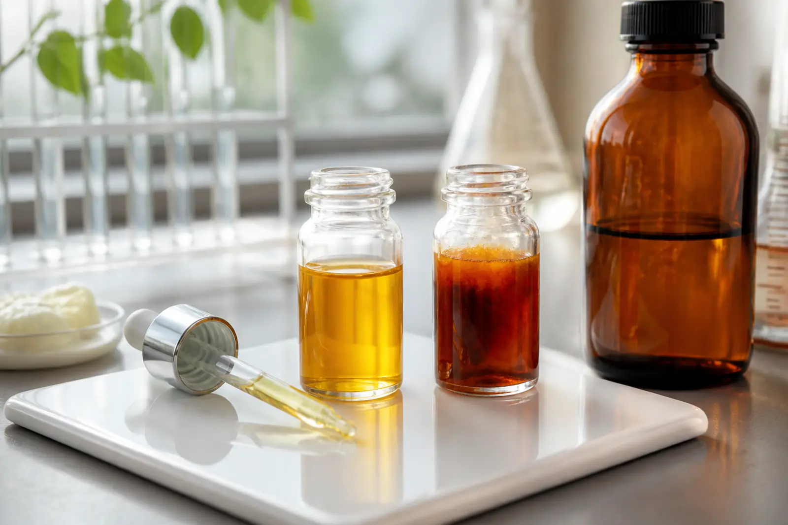 Cosmetic bench with a clear gold oil vial beside a darkened oxidised sample, dropper and amber bottle, no readable labels