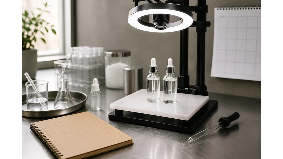 Copy-stand on a steel bench with identical serum droppers, a blank notebook, a pipette and a grid calendar with no numbers