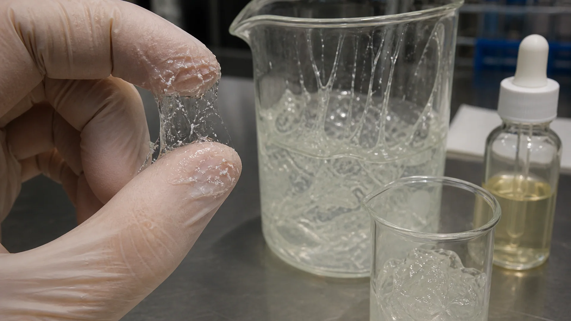 Gloved hand stretching a stringy peptide serum-gel beside beakers of viscous gel and a dropper of liquid active on a steel bench