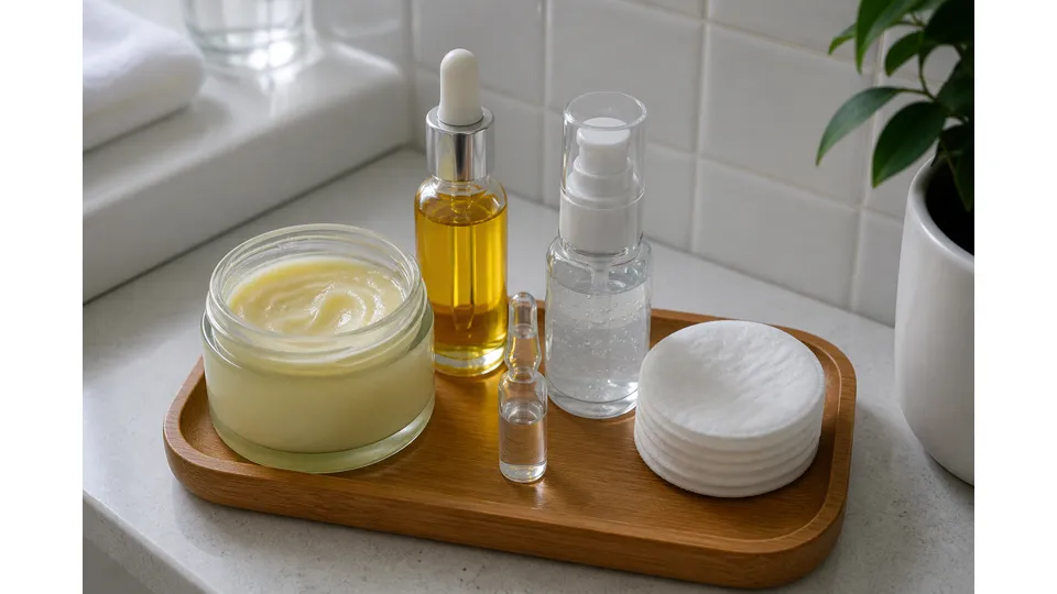Ceramic tray with a greasy open cream, a golden oil dropper, a clear gel serum, cotton pads and a small peptide ampoule — no skin close-ups