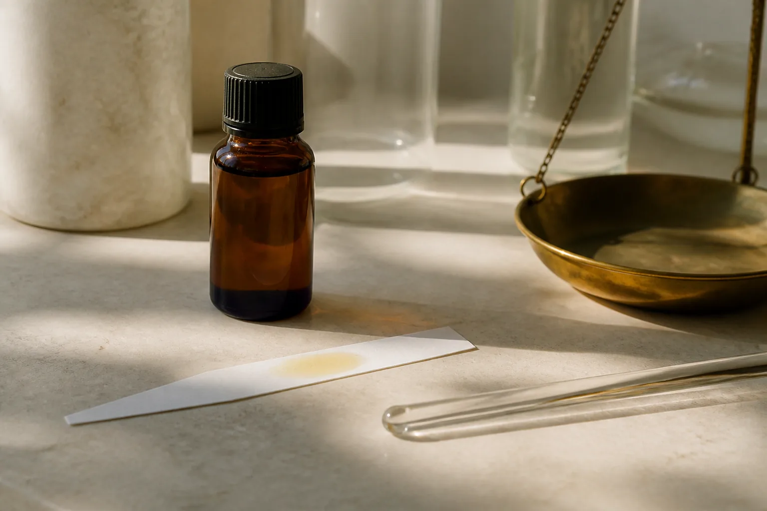 Two scent vials on a cosmetic bench, one amber essential-oil bottle and one fragrance blotter strip, no readable logos