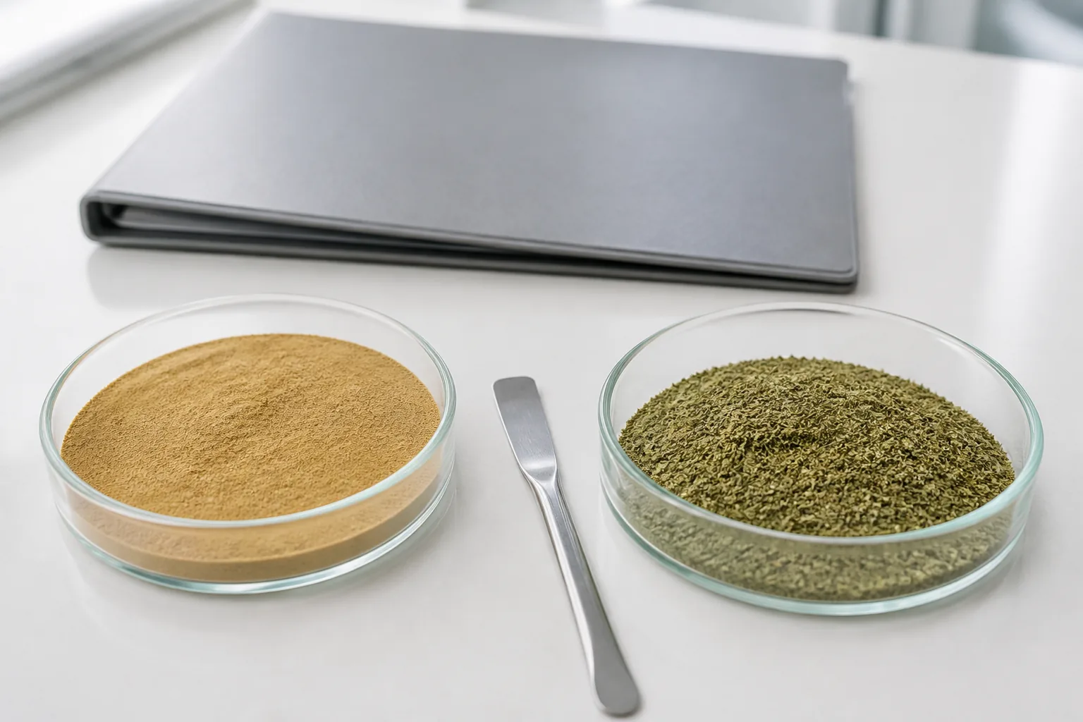 Two labelled powder dishes on a lab bench, one fine extract and one fibrous plant grind, spatula and COA folder, no readable brands