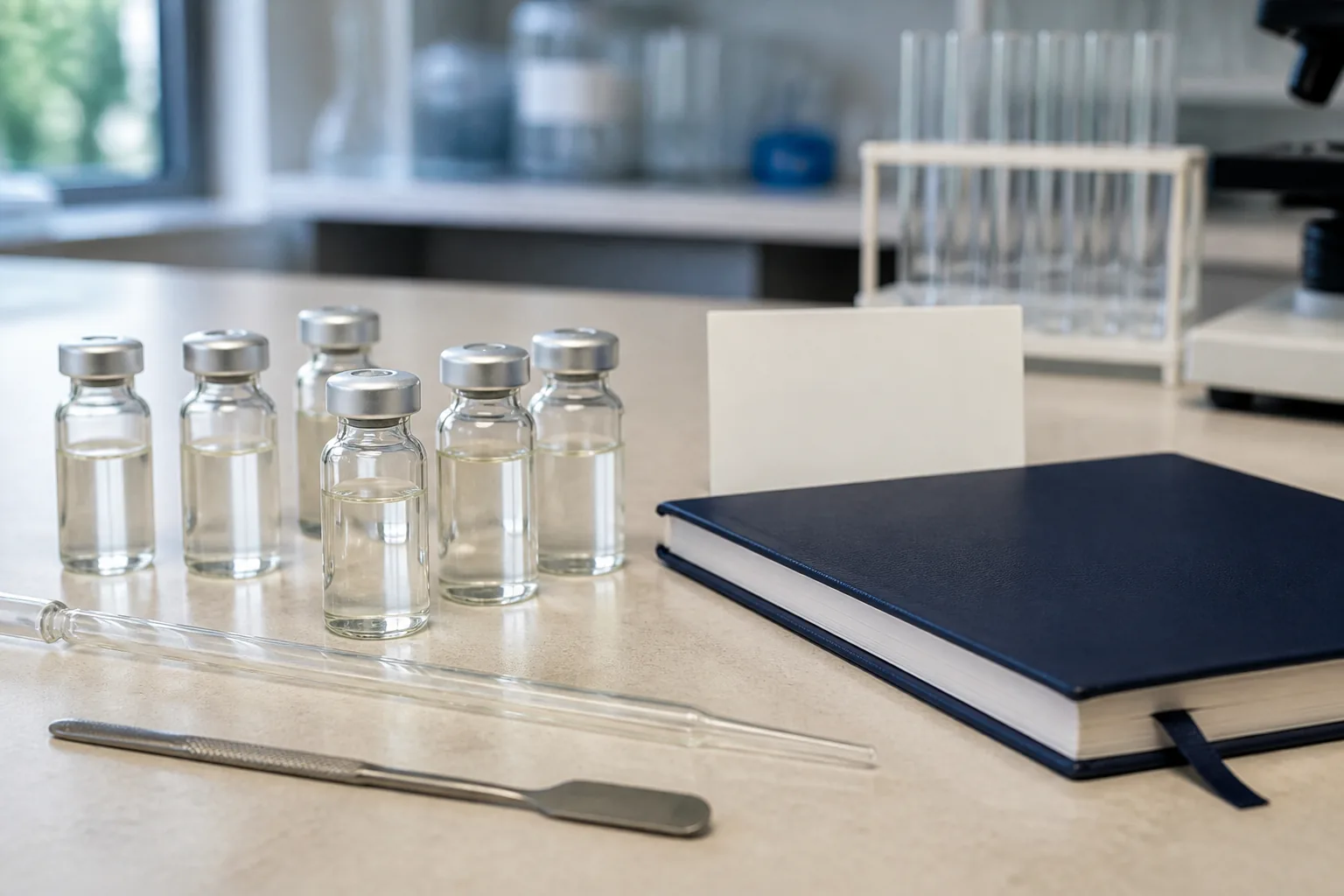 Cosmetic lab bench with peptide vials, a closed notebook and a pregnancy-question card, no readable brand text