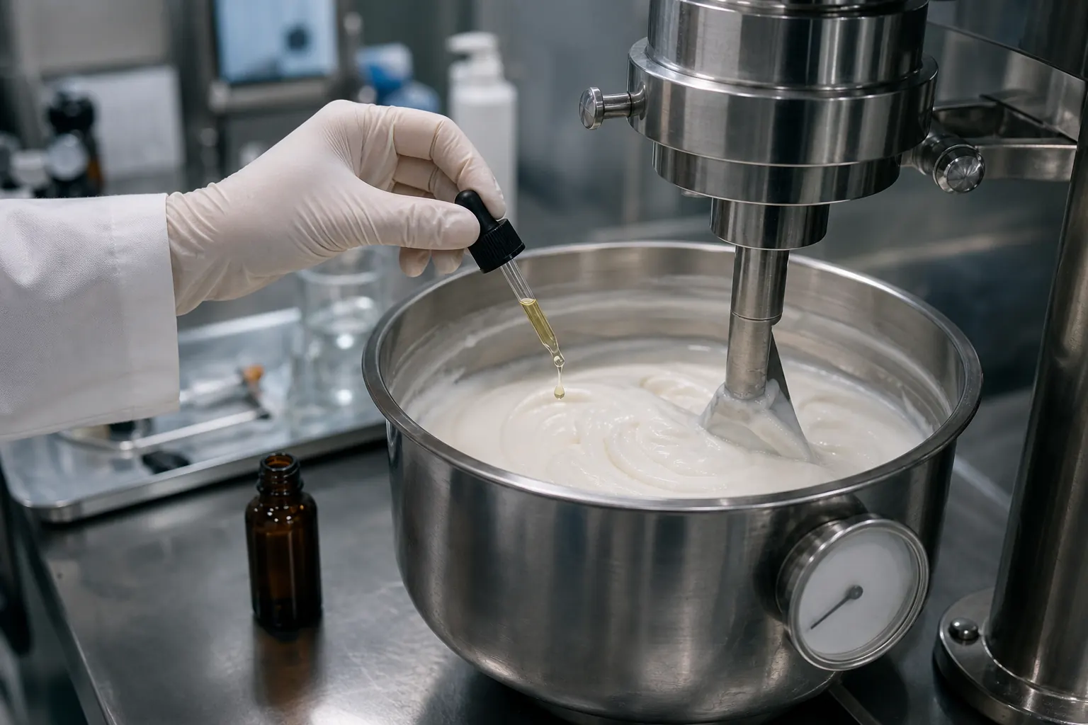 O/W cream on a spatula beside a cool-down beaker and an amber vial, thermometer in the emulsion, no readable labels