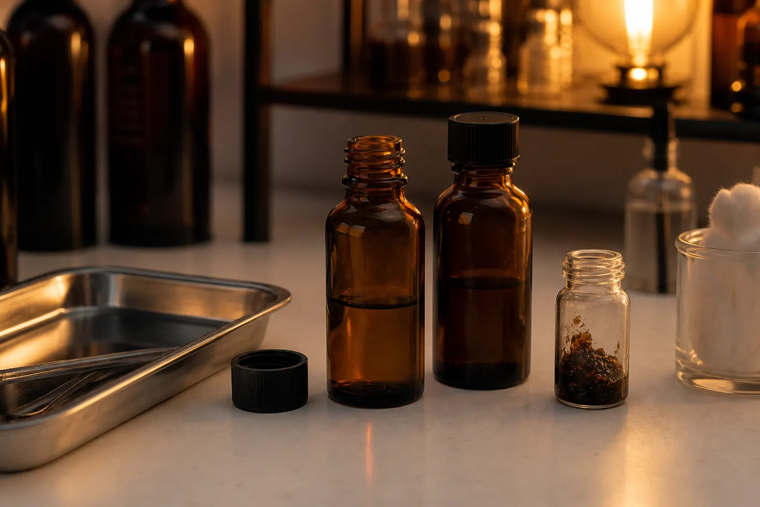 Open amber essential-oil bottle beside a closed bottle and a darker leftover vial on a steel tray, no labels