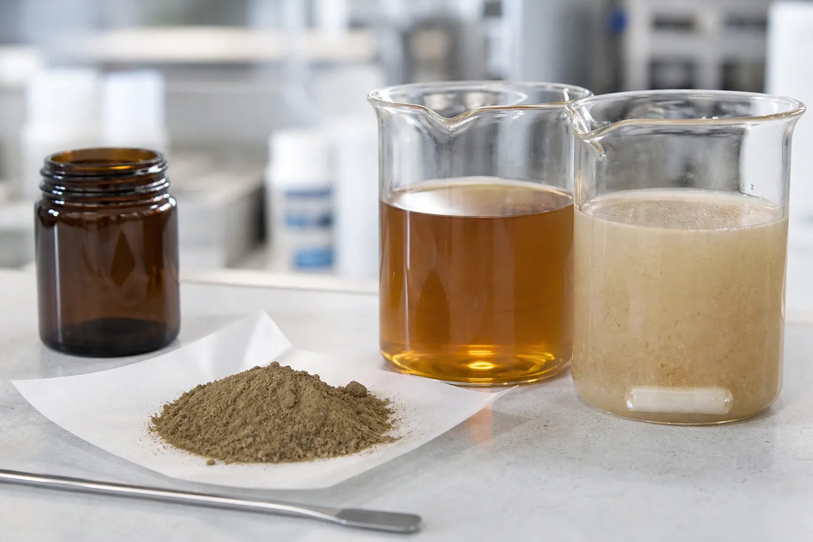 Brown extract powder on paper beside a clear amber beaker and a cloudy suspended beaker with a stir bar