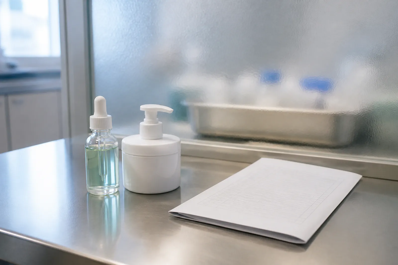 Closed pale-blue cosmetic dropper and pump jar on a steel bench, frosted partition behind, no needles or readable brands
