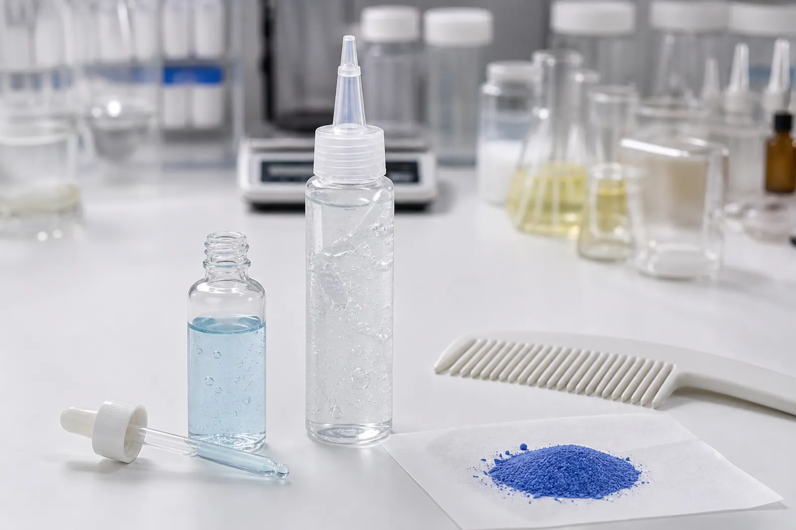 Face dropper of pale-blue serum beside a taller root-applicator gel, comb and copper-tinted powder, no people or brands