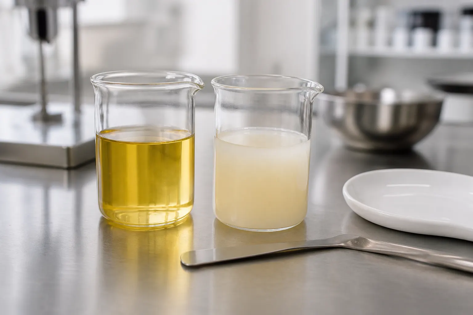 Clear gold oil jar beside a cloudy chilled blend on a steel tray, thermometer and ceramic tile, no readable brands