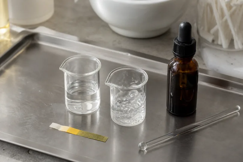 Stainless tray with a yellow-green paper pH strip, a watery beaker, a viscous clear gel and an unlabeled amber dropper
