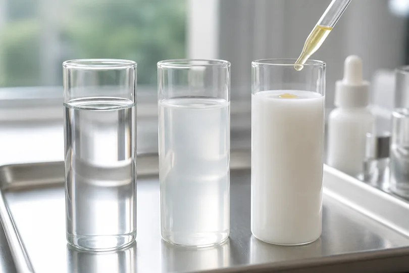 Three glass cylinders on a steel tray: water-clear, faintly opalescent and milky, with a pipette dropping oil into the milky one