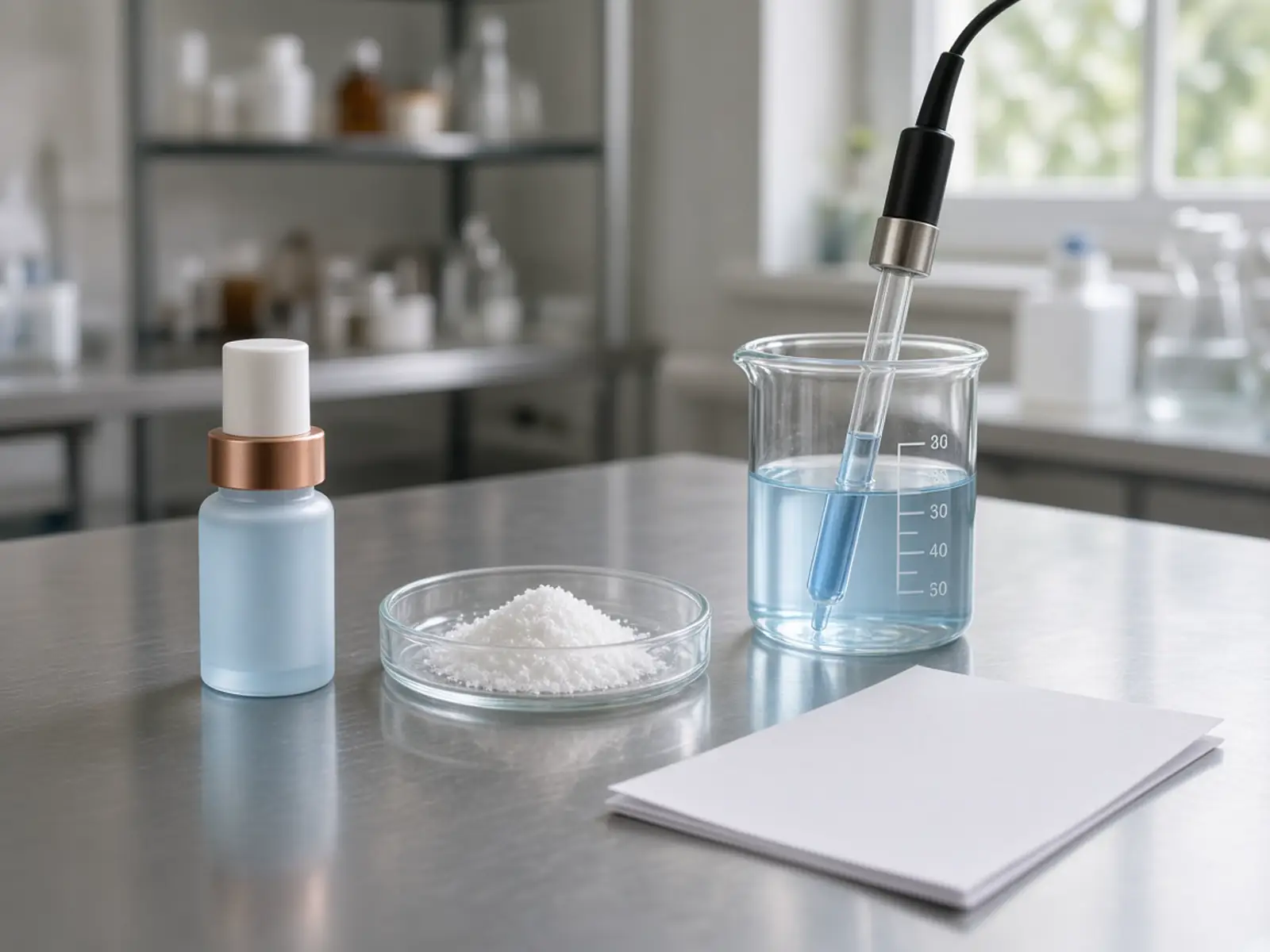 Frosted blue copper-peptide vial, white chelator crystals on a watch glass, and a pH probe in blue water on a steel bench