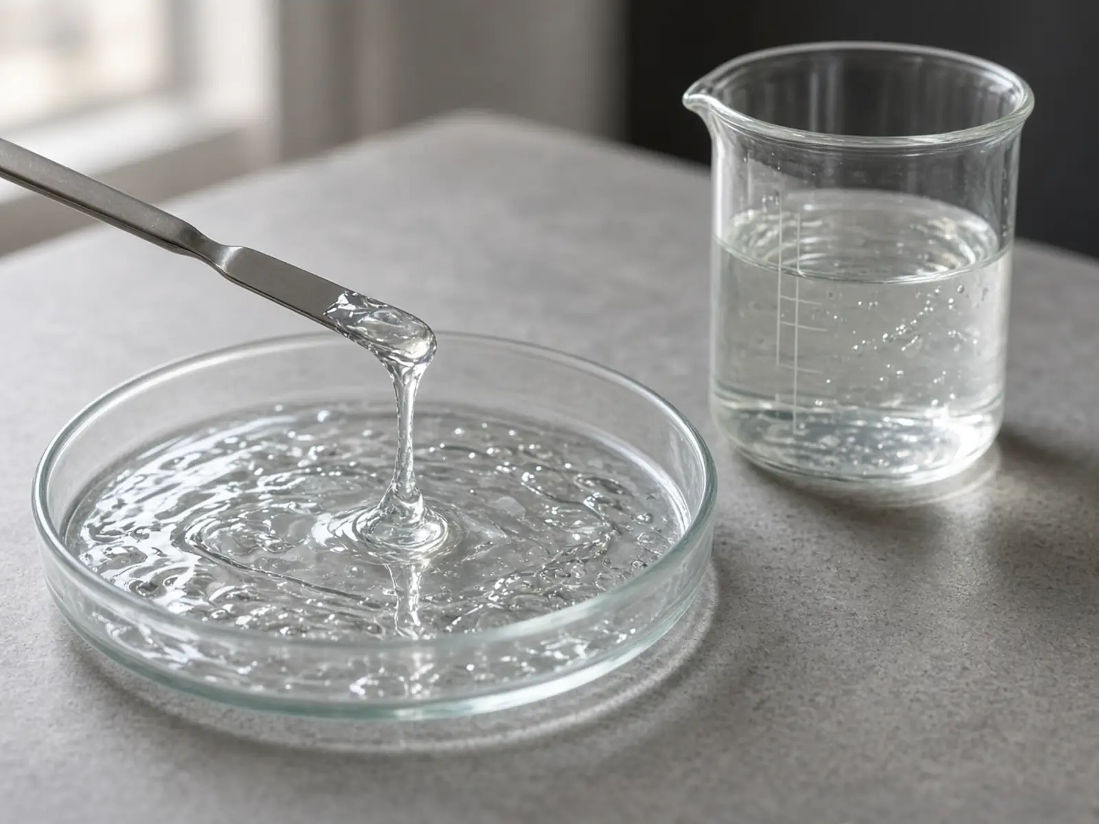 Glass plate with a shiny tacky serum film and a spatula string beside a beaker of the same serum still flowing normally