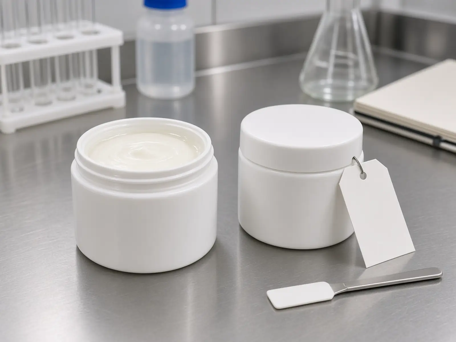 Open white cream jar beside a closed retain jar with a blank tag and an unused spatula on a steel QC bench