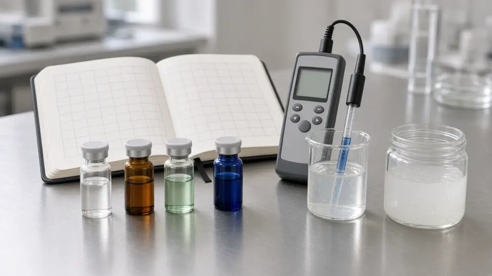 Open lab notebook with an empty hand-drawn grid, four peptide vials and a pH meter in a beaker of gel