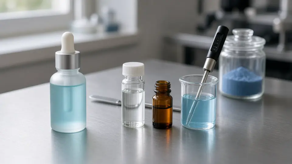 Frosted blue copper-peptide dropper, a clear peptide vial and a small amber vial beside a pH probe on steel