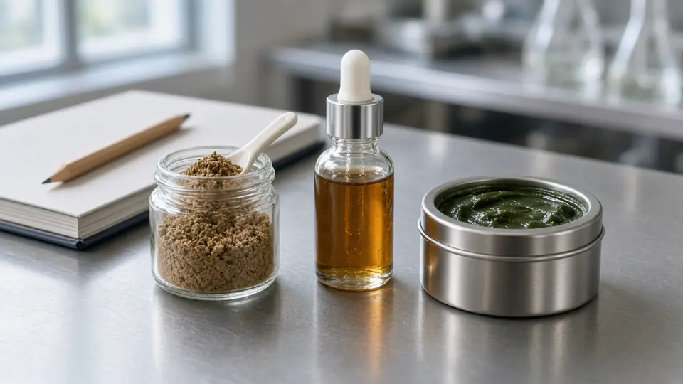 Three small glass jars on steel — tan dry powder, amber liquid, dark paste — with a closed notebook and pencil