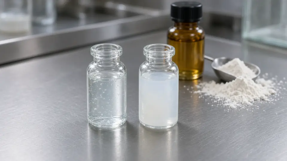 Two vials on steel — one crystal-clear gel, one cloudy — with an amber bottle and a scoop of off-white powder