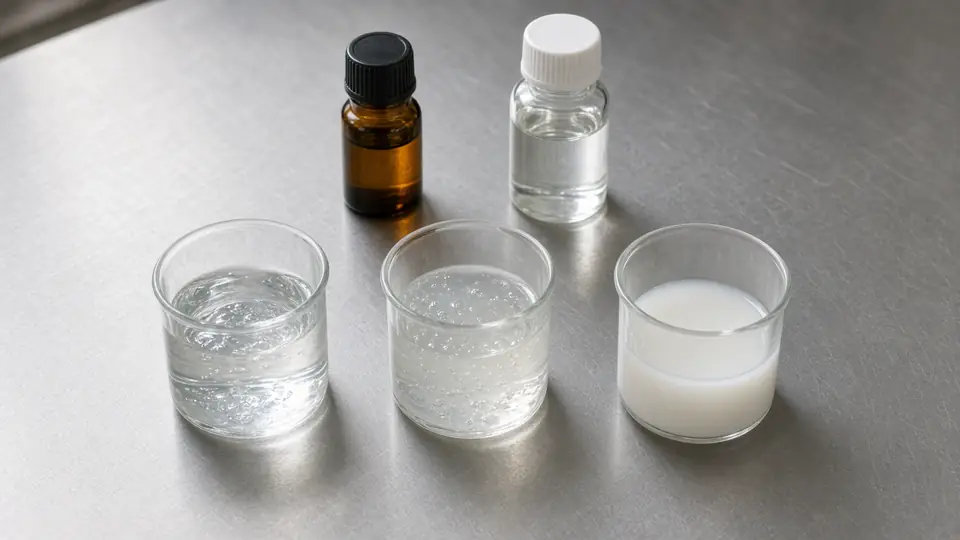 Three small beakers on steel — clear gel, hazy gel, milky liquid — with a tiny amber vial and a solubilizer bottle