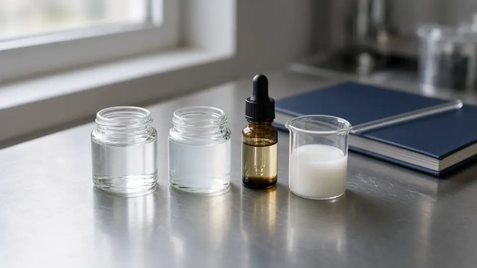 Two small gel jars on steel — one water-clear, one faintly milky — beside an amber dropper and a polymer slurry cup