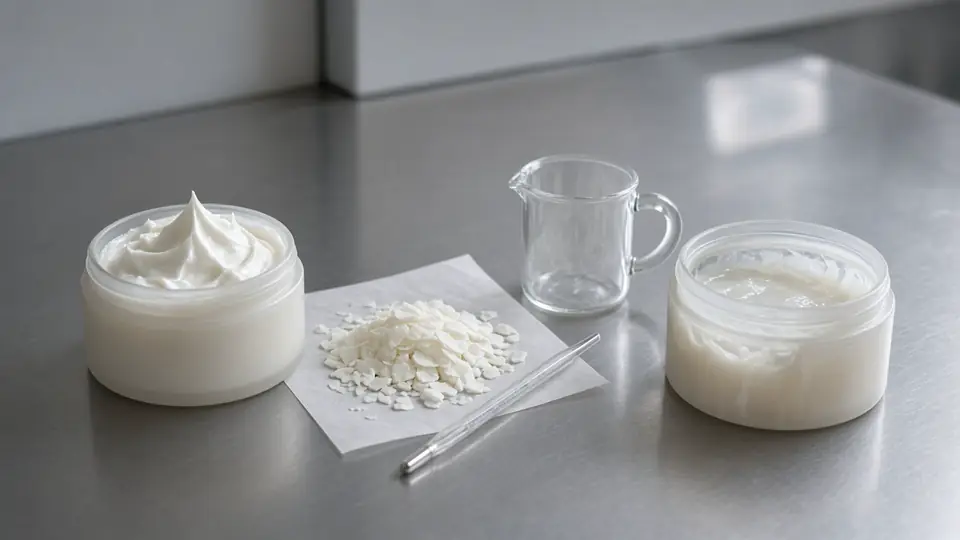 Two cream jars on steel — peaked structured cream versus a slumped thin lotion — with wax flakes and a thermometer