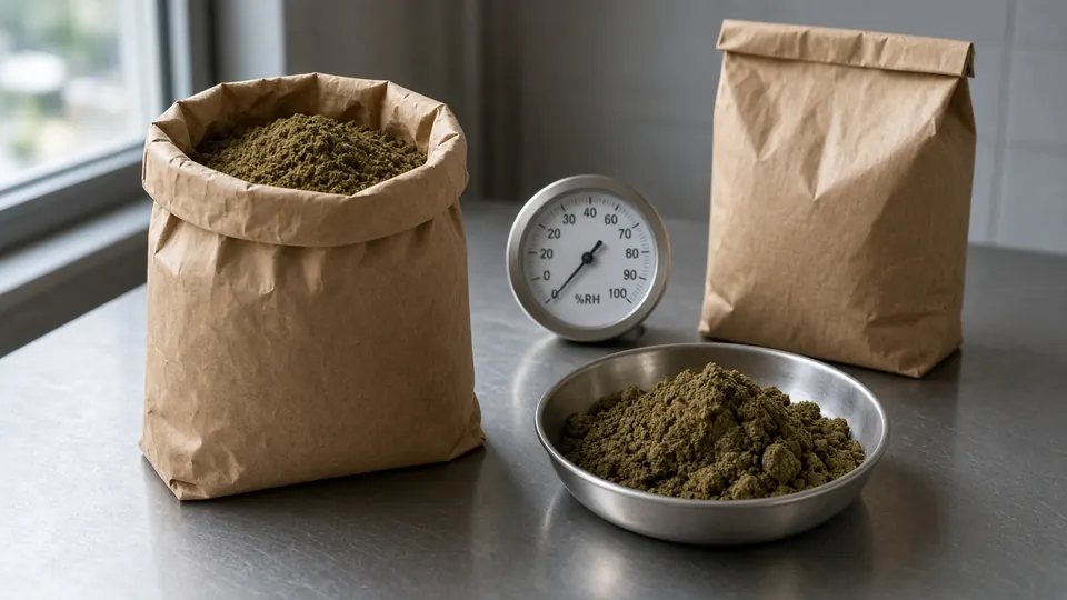 Opened kraft bag of green-brown dry extract beside a sealed twin bag, a steel pan of clumped powder, and a round humidity gauge on a lab bench