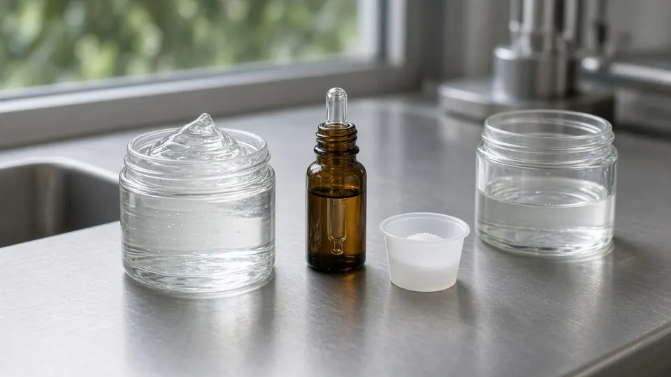 Peaked clear carbomer gel in a jar beside an amber dropper, a cup of white polymer powder, and a watery twin jar on steel by a window