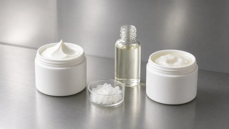 Two white cream jars on steel — one with a firm peak, one slumped with an oily sheen — beside a clear squalane bottle and a dish of white emulsifier pellets