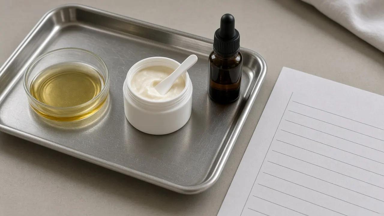 Open cream jar, a dish of golden oil, an amber dropper bottle, and a dated notes sheet on a steel tray