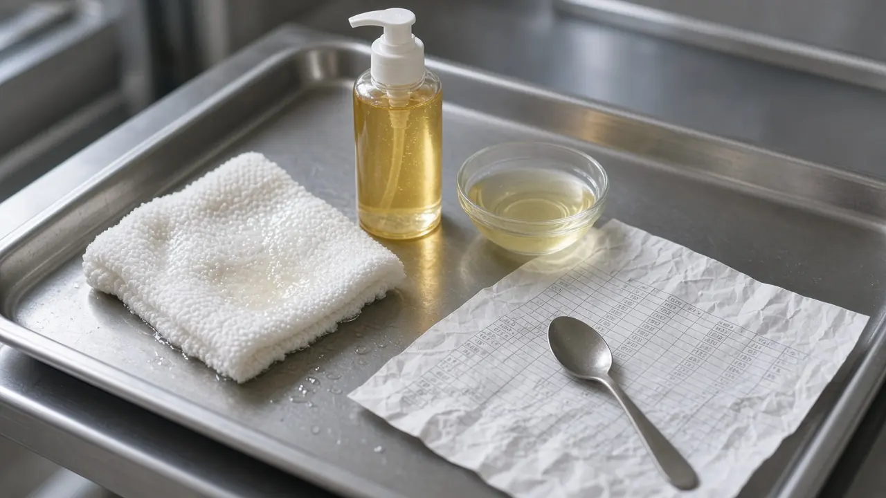 Stainless tray with an oil-cleanser pump, a wet washcloth, a glass dish of pale oil, a crumpled paper sheet, and a metal spoon