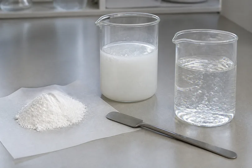Cleanser formulation bench with two surfactant beakers, supplier specification sheets and a calculator