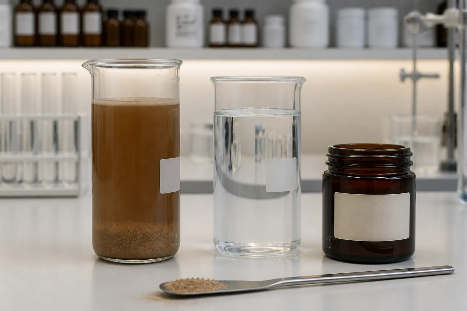 Botanical extract bottle beside a plant sample, glycol carrier note and separate acid-labelled beaker