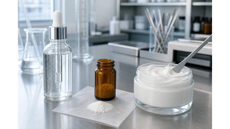 Cosmetic cream emulsion with late fragrance addition on a lab bench